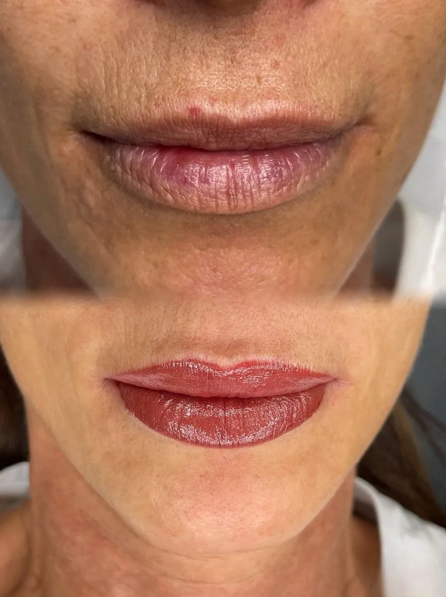 Prima e dopo del trucco semipermanente alle labbra, lavoro di Sara Bonetti