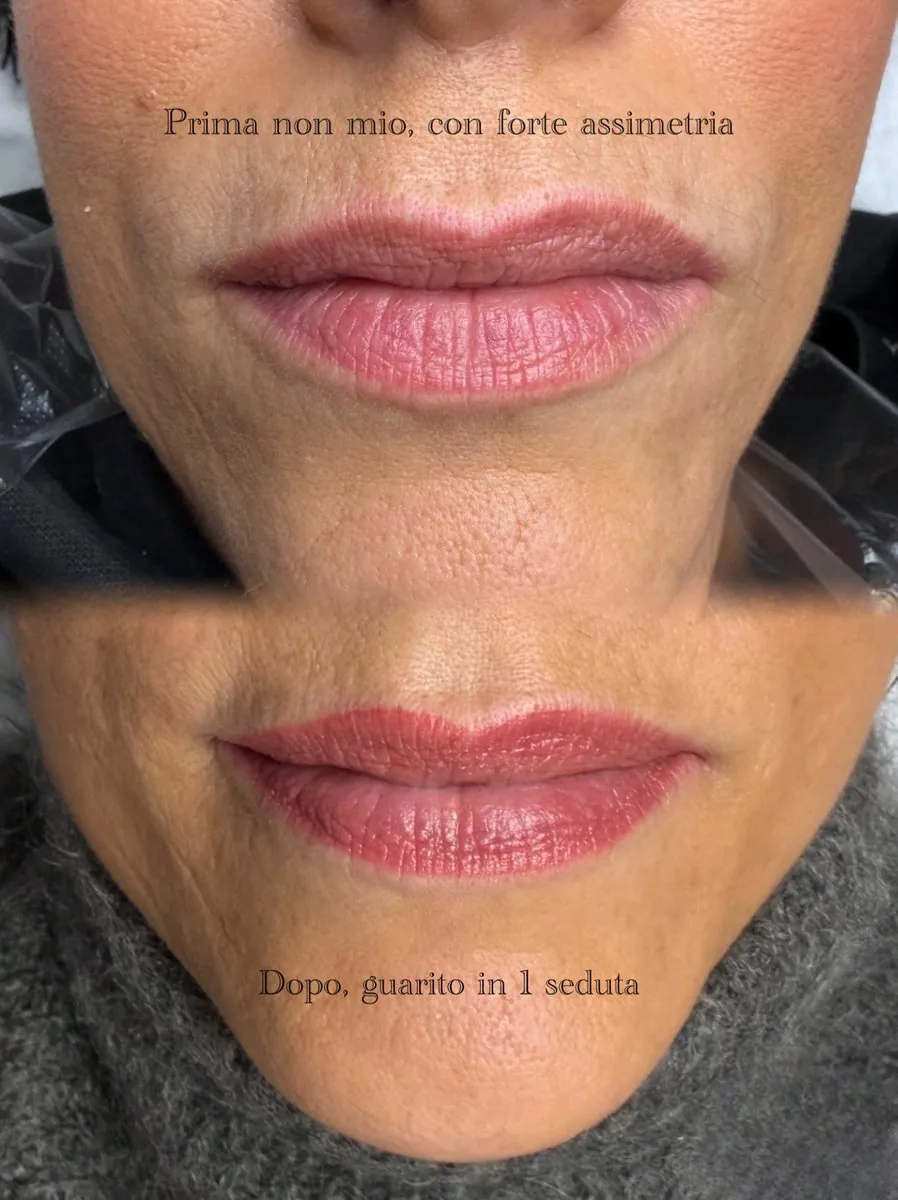 Prima e dopo del trucco semipermanente alle labbra, lavoro di Sara Bonetti