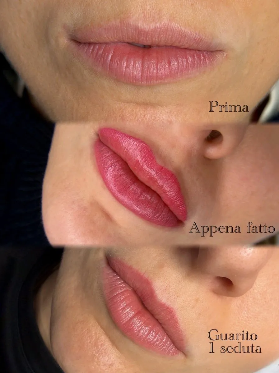 Prima e dopo del trucco semipermanente alle labbra, lavoro di Sara Bonetti