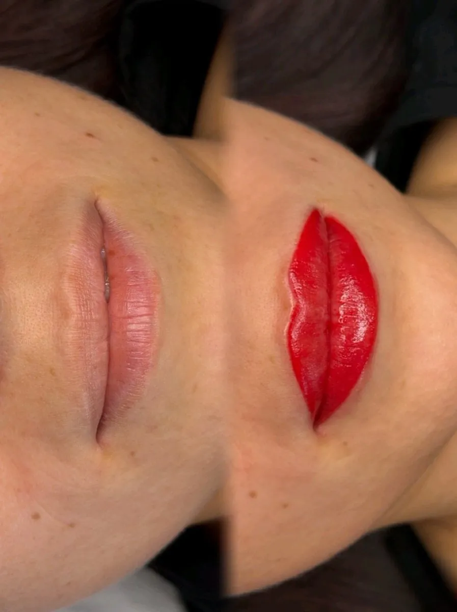 Prima e dopo del trucco semipermanente alle labbra, lavoro di Sara Bonetti