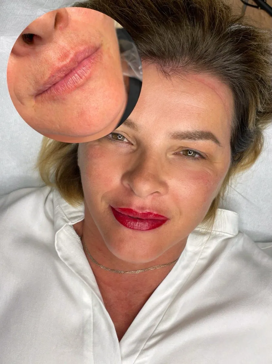 Prima e dopo del trucco semipermanente alle labbra, lavoro di Sara Bonetti
